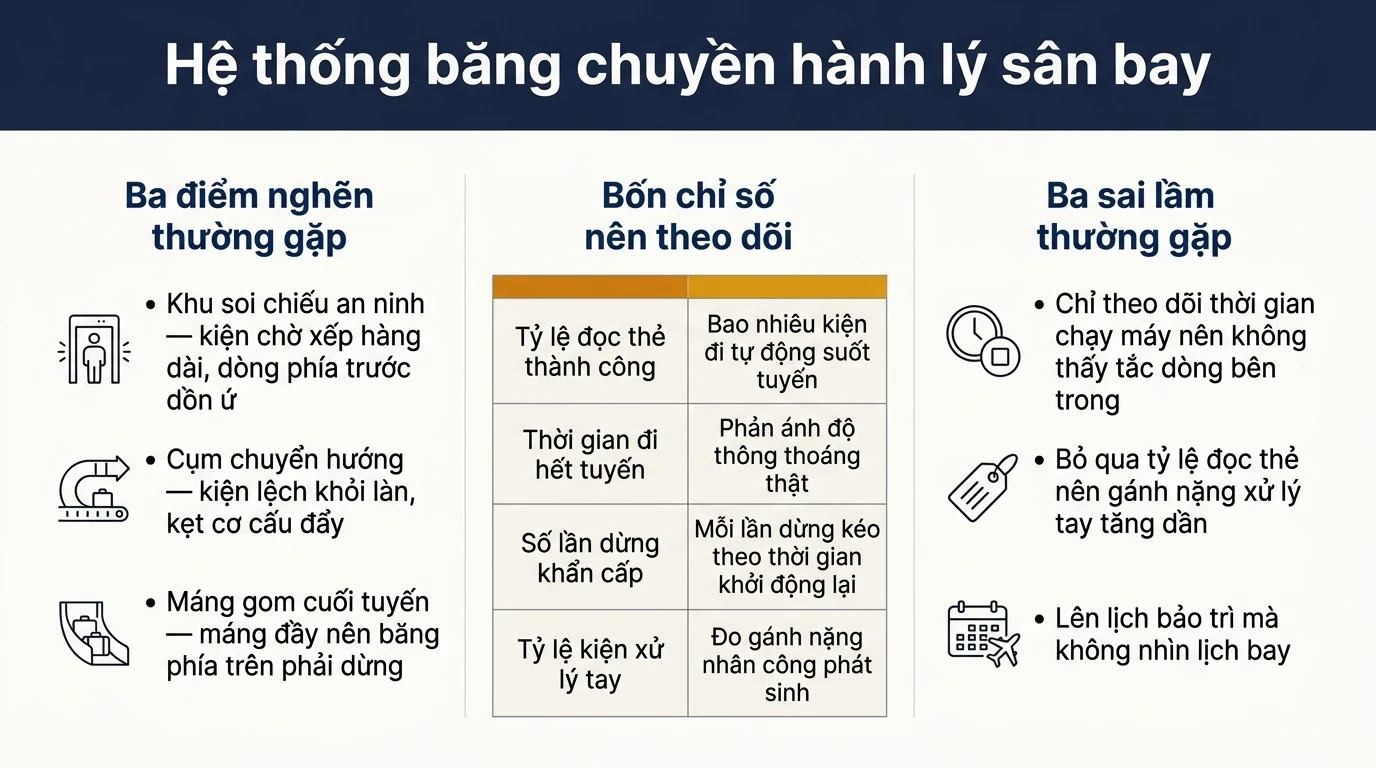Infographic hệ thống băng chuyền hành lý: ba điểm nghẽn thường gặp và bốn chỉ số nên theo dõi