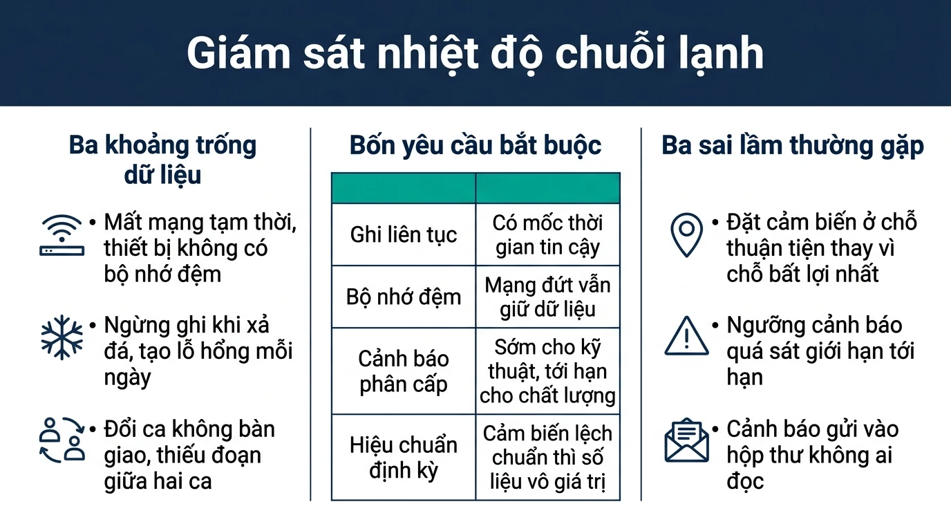 Infographic giám sát nhiệt độ chuỗi lạnh: ba khoảng trống dữ liệu, bốn yêu cầu bắt buộc và ba sai lầm thường gặp