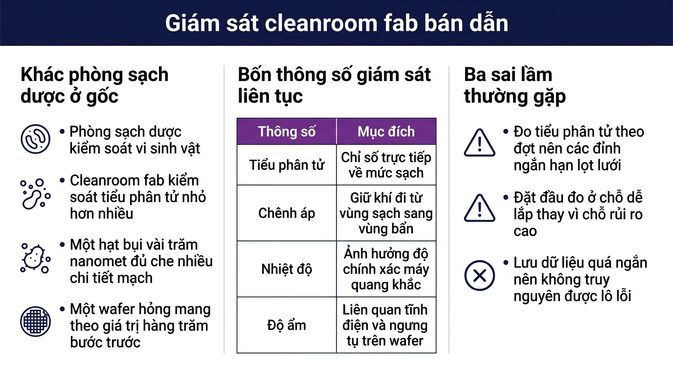 Infographic giám sát cleanroom fab bán dẫn: bốn thông số theo ISO 14644 và khác biệt so với phòng sạch dược