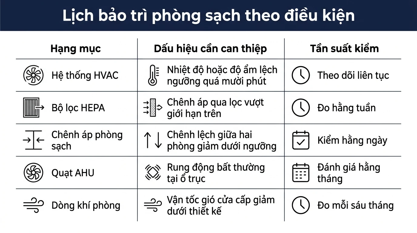 Infographic lịch bảo trì phòng sạch theo điều kiện: HVAC, bộ lọc HEPA, chênh áp, quạt AHU và dòng khí